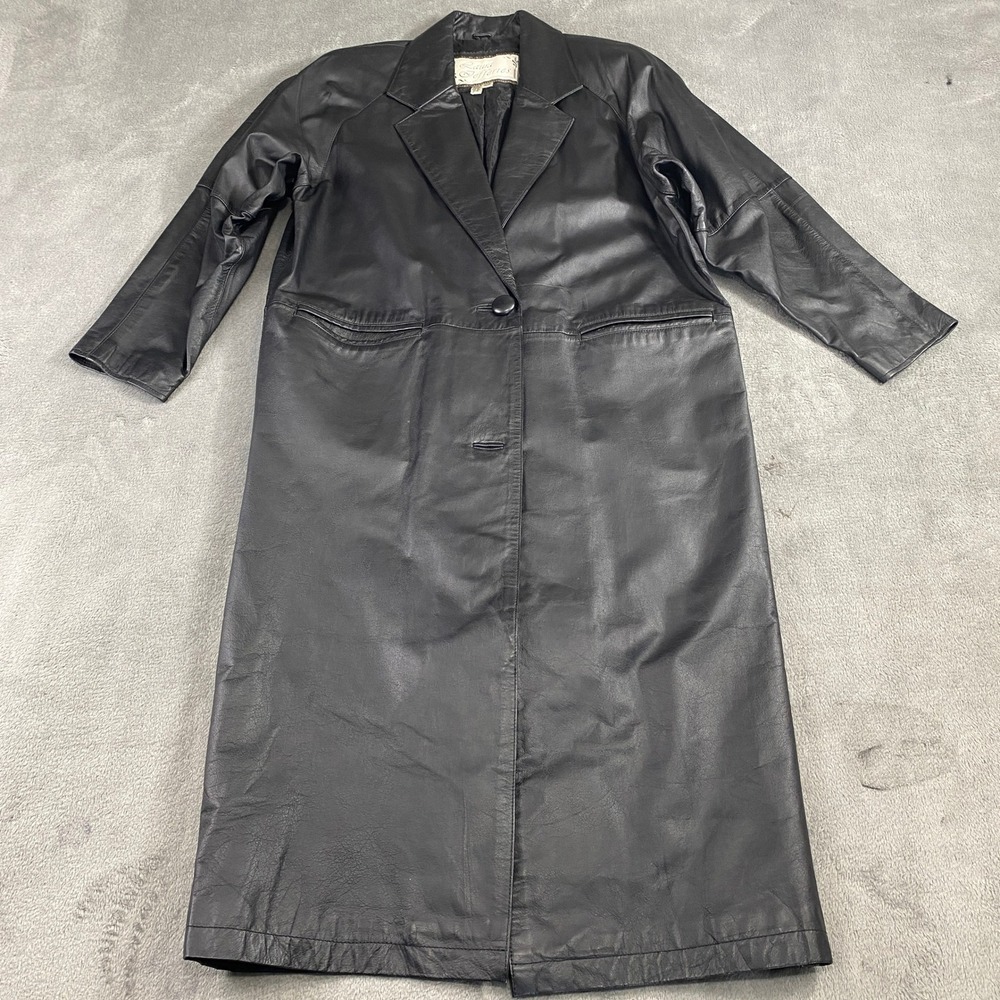 VTG Laura Jefferies Leather Trench Coat M Black‎ Maxi Duster M Paisley Lined